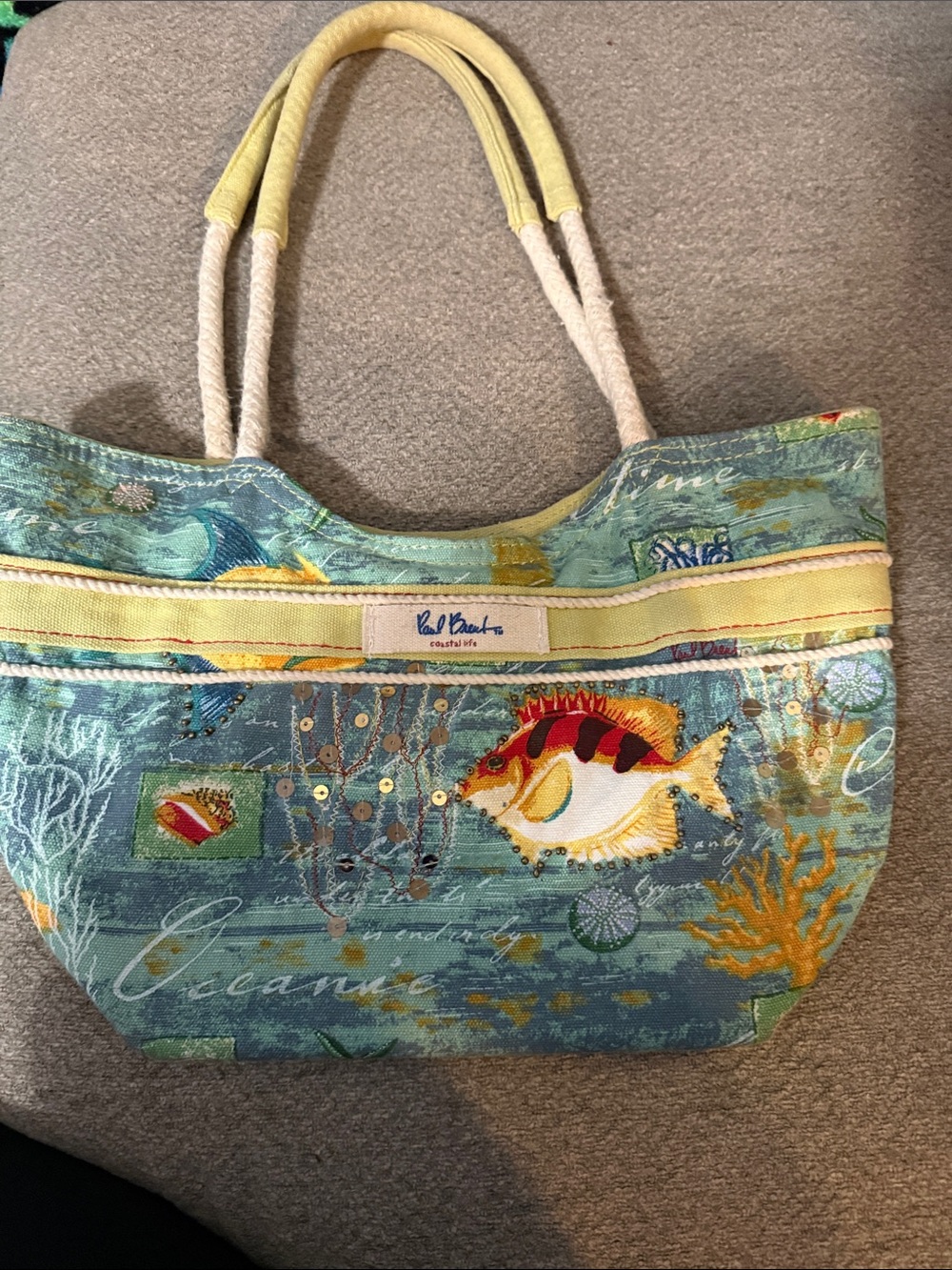 Paul Brent Coastal Fish Print Canvas Tote in Teal and Yellow